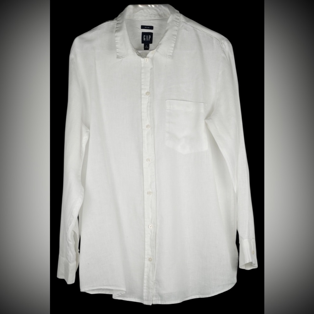GAP Women’s L Optic White 100% Linen Boyfriend Button Front Shirt Long Sleeve - Picture 6 of 17
